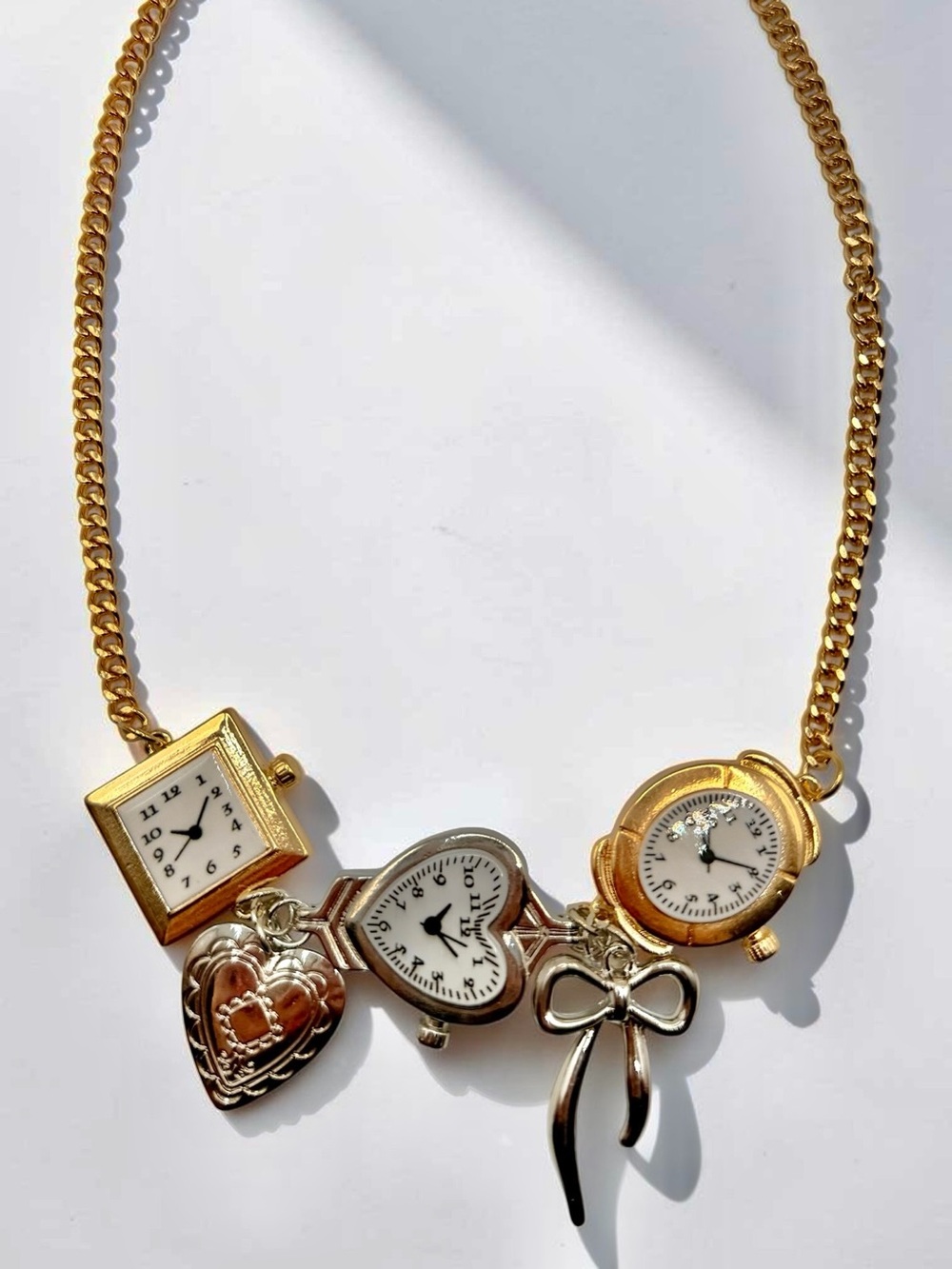 Vintage Style Clock Charm Necklace Gold Silver Mixed Metal Statement Piece